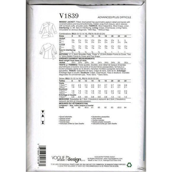 Vogue V1839 Misses 16 to 24 Claire Shaeffer Couture Lined Jacket Sewing Pattern - Picture 2 of 2